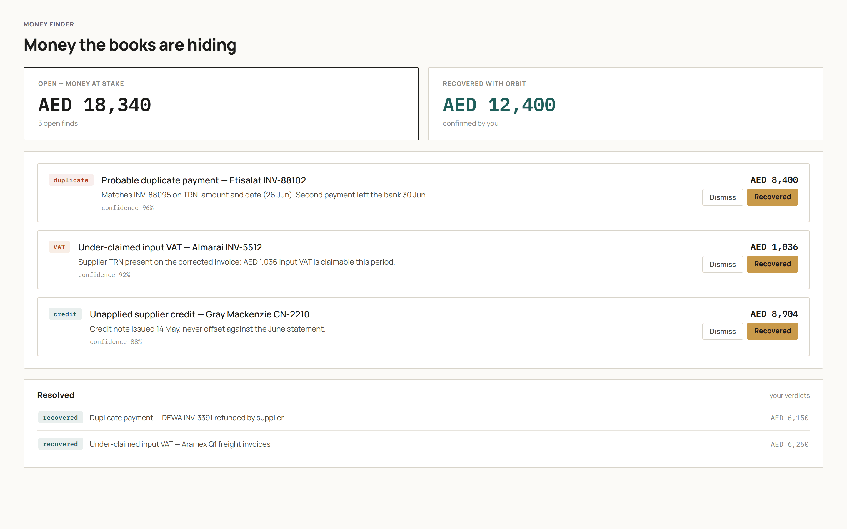 Money Finder — duplicate payments, under-claimed VAT and unapplied credits, each with evidence