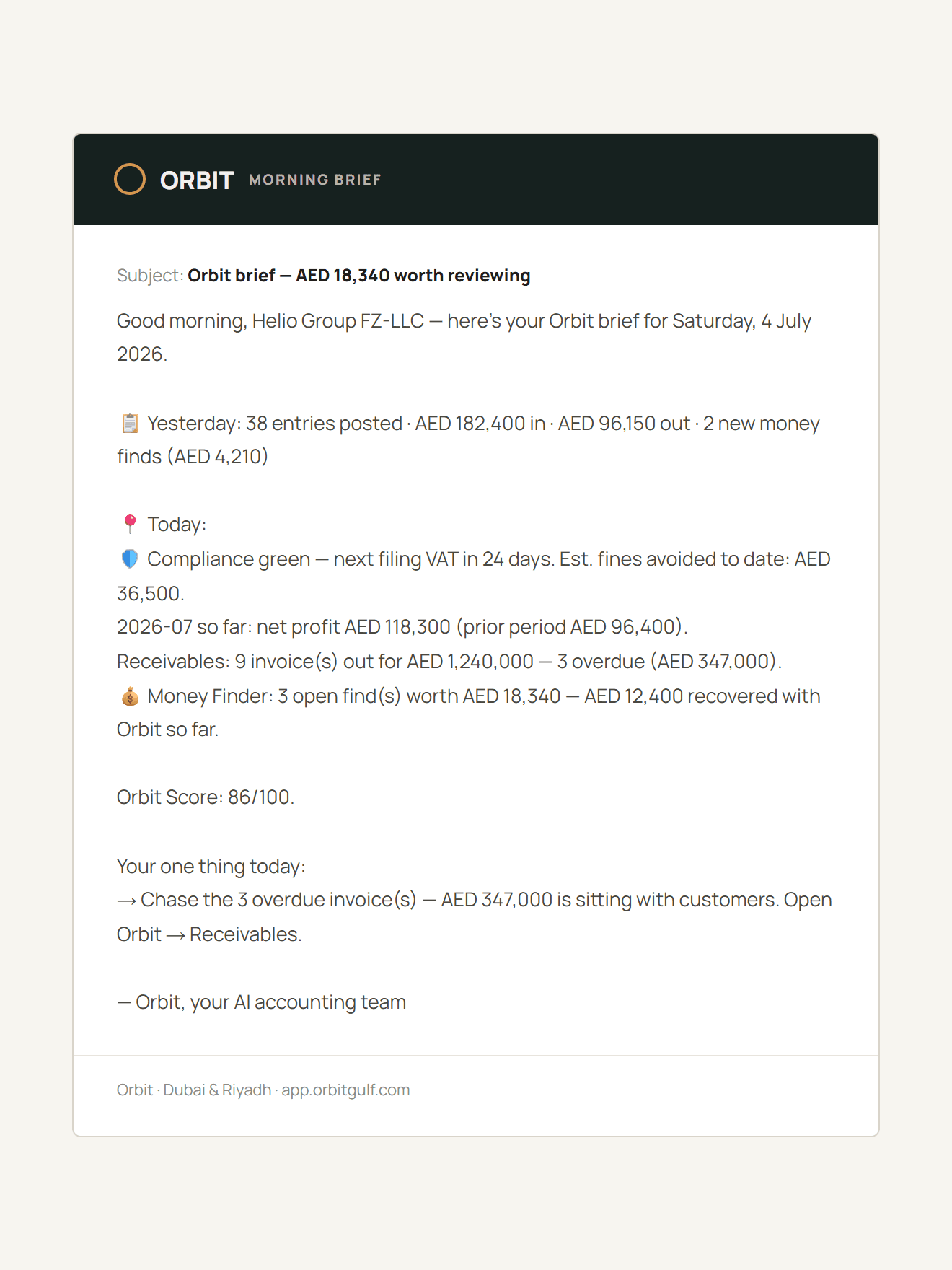 The Orbit Morning Brief — yesterday's postings and today's one thing, emailed at sunrise