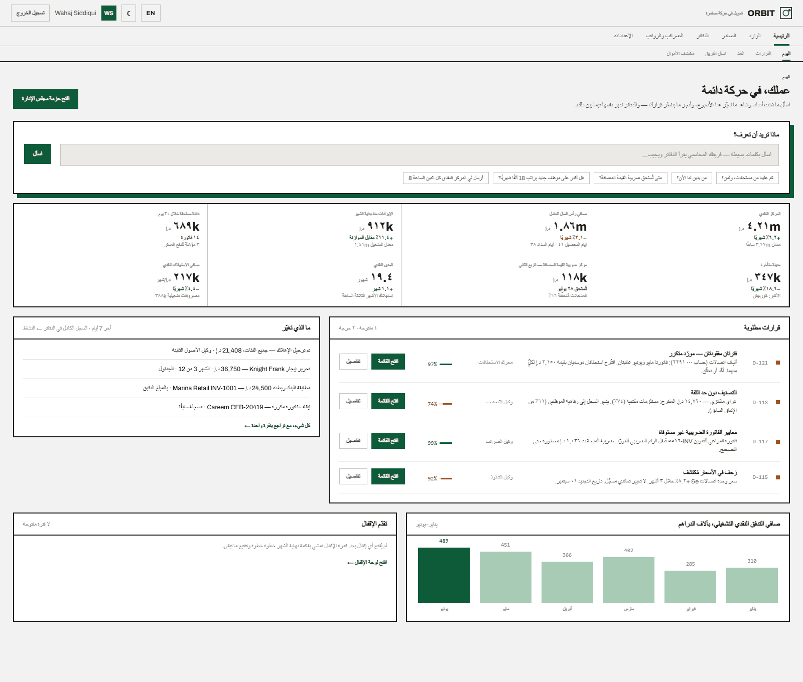 مساحة عمل Orbit بالعربية — النقد والقرارات والإقفال والضرائب في لمحة