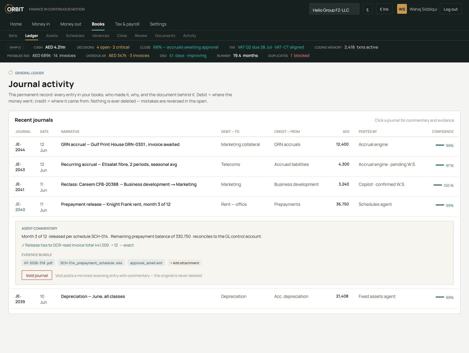 Orbit general ledger — journal activity with agent commentary and evidence