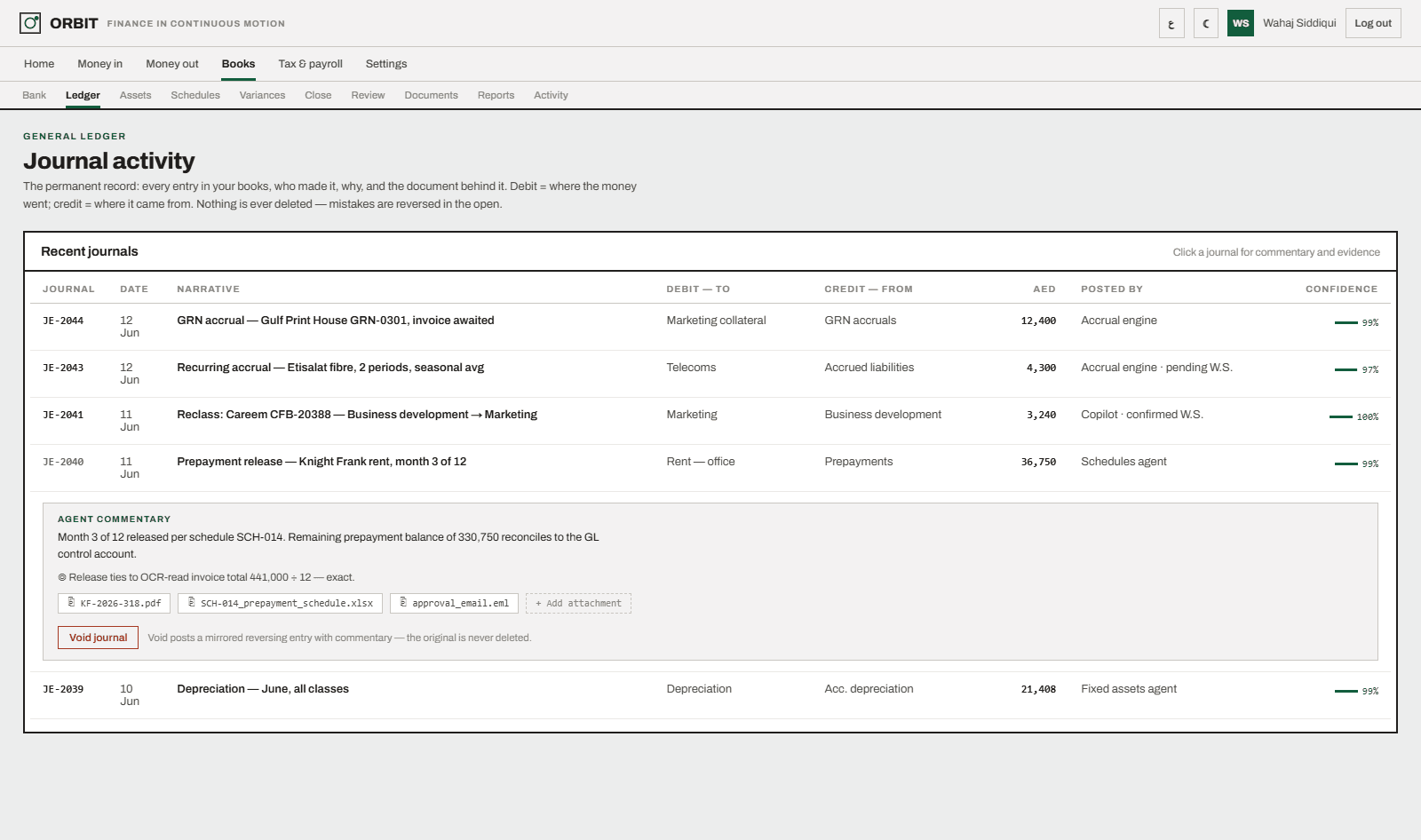 Orbit general ledger — journal activity with agent commentary and evidence