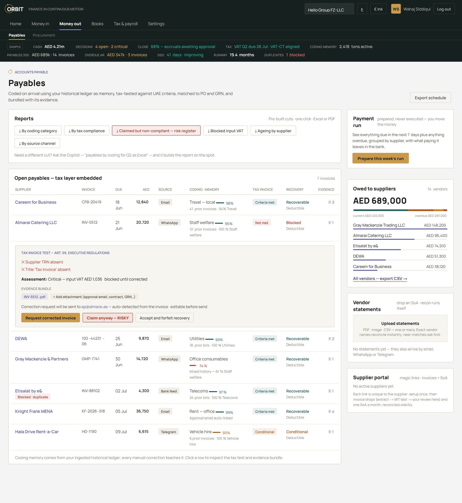Orbit Payables — the tax test embedded in the invoice row