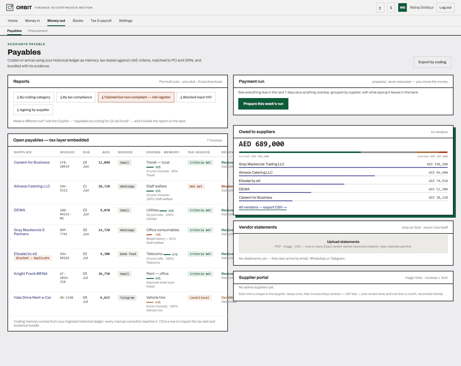 Orbit Payables — the tax test embedded in the invoice row