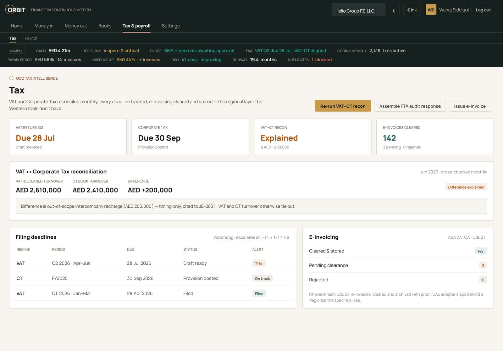 Orbit GCC tax intelligence — VAT–CT reconciliation and filing watchdog