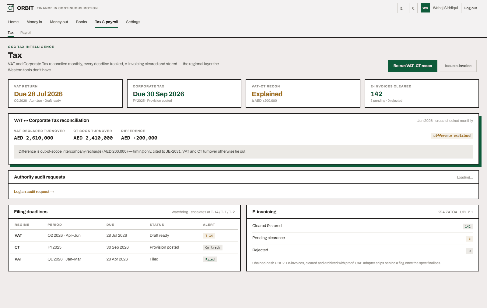 Orbit GCC tax intelligence — VAT–CT reconciliation and filing watchdog