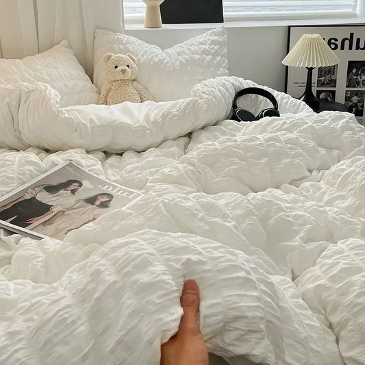 Luxury White Ruffled Seersucker Duvet Cover Soft Solid Color Bedding Set With Bed Sheet Pillowcases Single Queen King Size