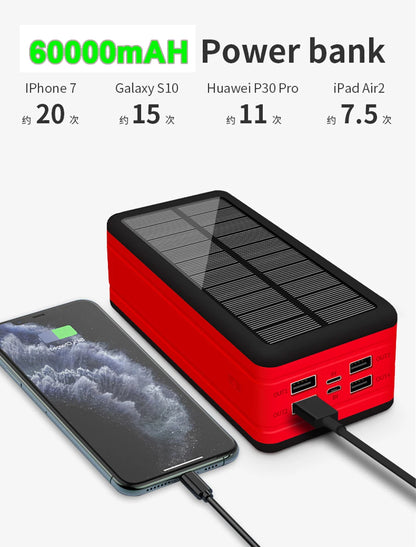 60000mAh Wireless Solar Power Bank Portable Phone Charger 4USB Outdoor Large Capacity External Battery for IPhone Xiaomi Samsung