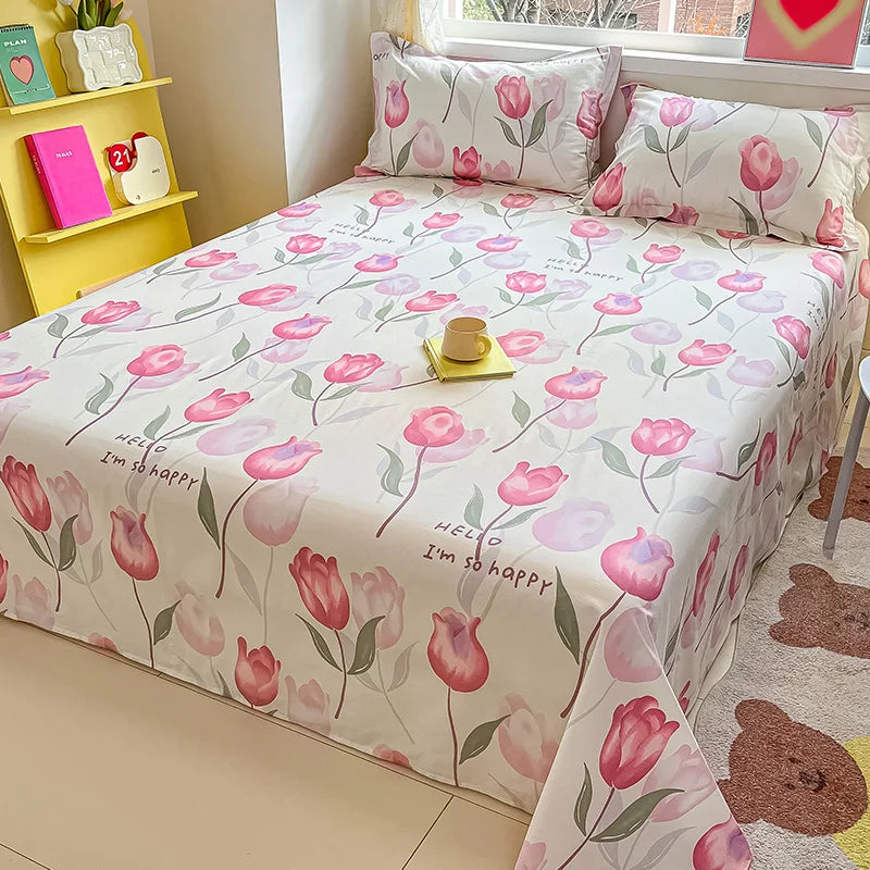 1pcs 100% Cotton Bed Sheet Flower Series Printed Double Top King Sheets for Girls Boys Kids Single Queen King Size Bed Linen