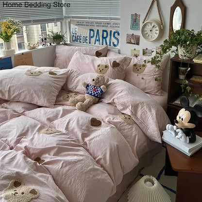 Solid Blue Bear Bedding Set Duvet Cover Queen Full Twin Size Bed Flat Sheet Kids Girls Room Decor Quilt Cover Pillowcase Kawaii