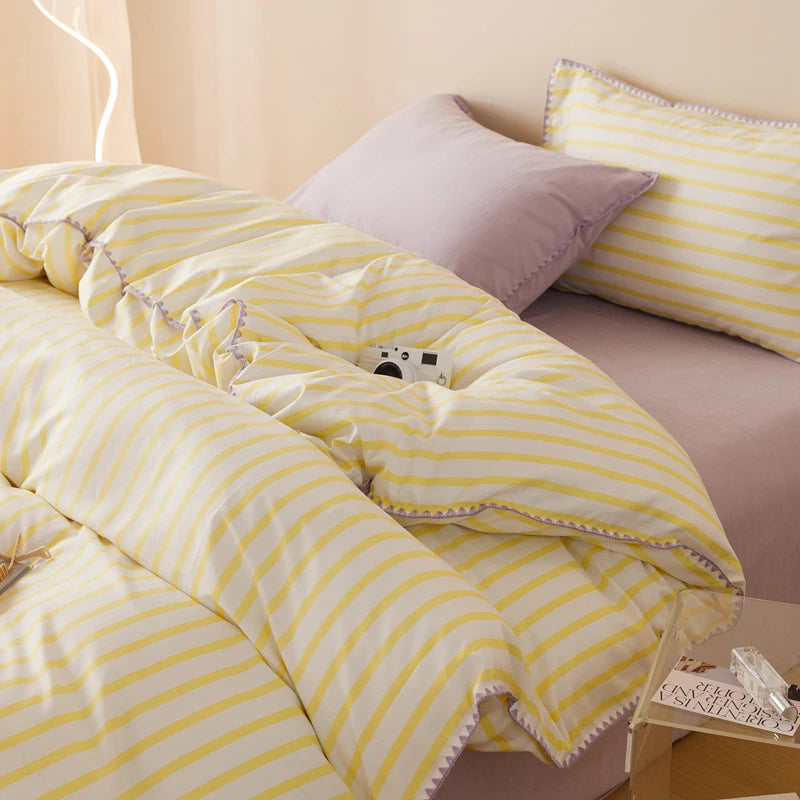 Striped Girls Flower Bedding Sets, Washed Cotton Bed Linens, Soft Quilt Cover Sheet Set, Simple Bedspread, Home Textiles