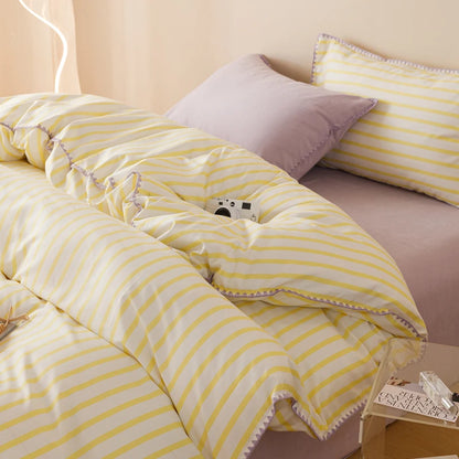 Striped Girls Flower Bedding Sets, Washed Cotton Bed Linens, Soft Quilt Cover Sheet Set, Simple Bedspread, Home Textiles