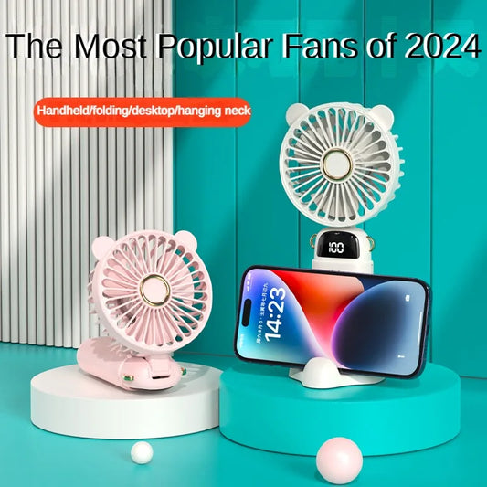 Handheld Fan Mini Foldable Portable Neck Hanging Fans 5 Speed USB Rechargeable 3000mAh Fan with Phone Stand and Display Screen