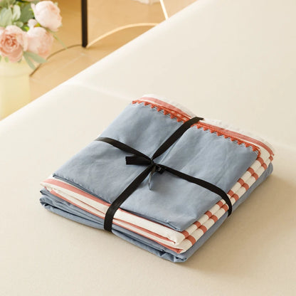Striped Girls Flower Bedding Sets, Washed Cotton Bed Linens, Soft Quilt Cover Sheet Set, Simple Bedspread, Home Textiles