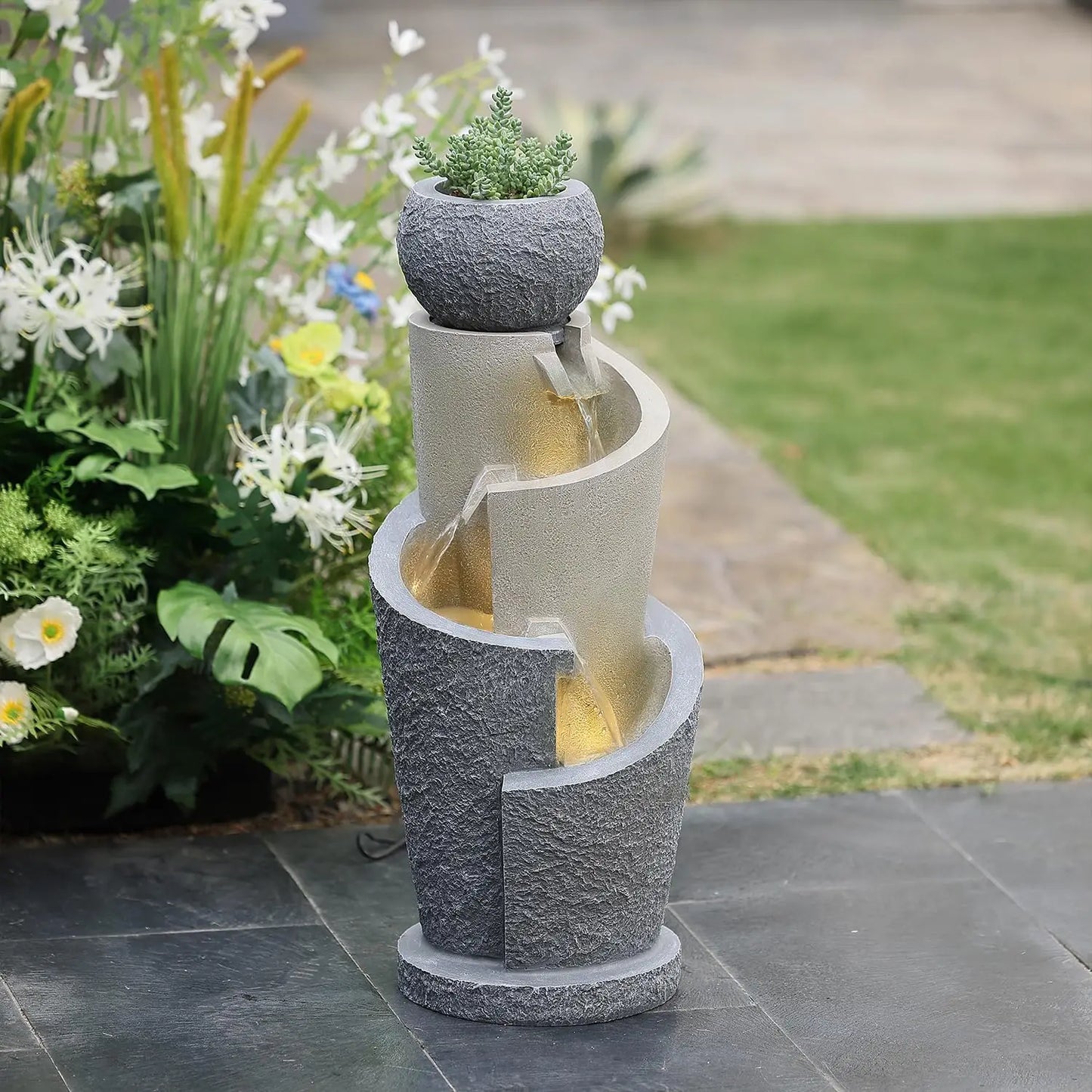 Resin Cascading Spiral Outdoor Patio Garden Fountain with Lights Waterfalls Backyard Deck Home Lawn Porch House Outdoor